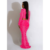 Ensemble deux pièces robe à manches longues en maille de couleur unie